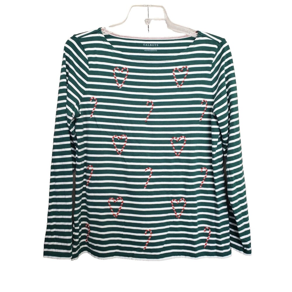 Talbots Green Striped Embellished Beaded Candy Cane Holiday T-Shirt Size Large